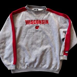 Vintage Puma Wisconsin Badgers Crewneck Sweatshirt 2XL Gray Red Embroidered